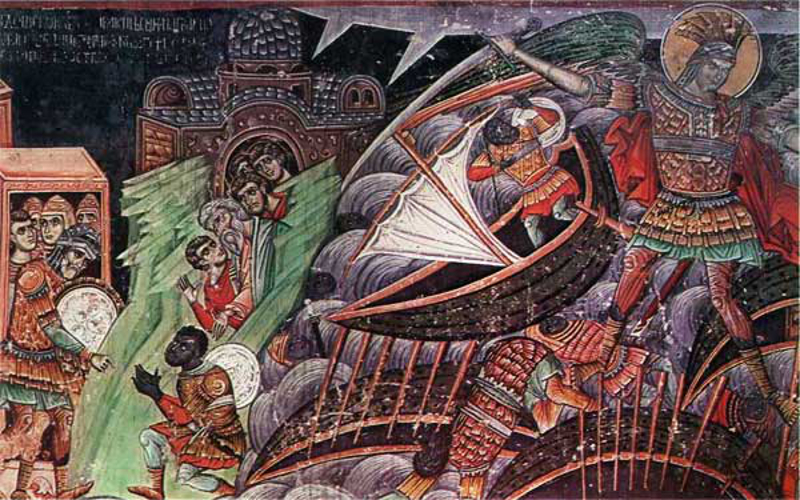 Лесново, наос, арханђел Михаило одбија сараценску флоту од Цариграда, око 1346
