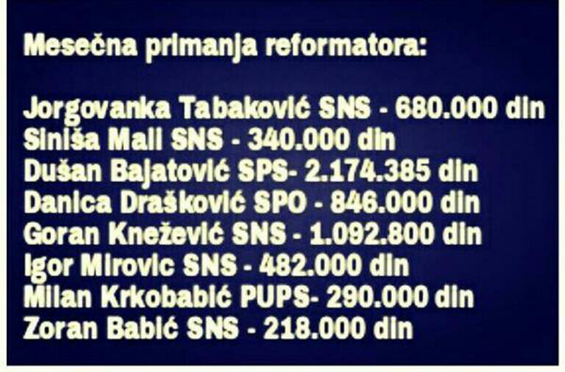 Месечна примања Вучићевих реформатора