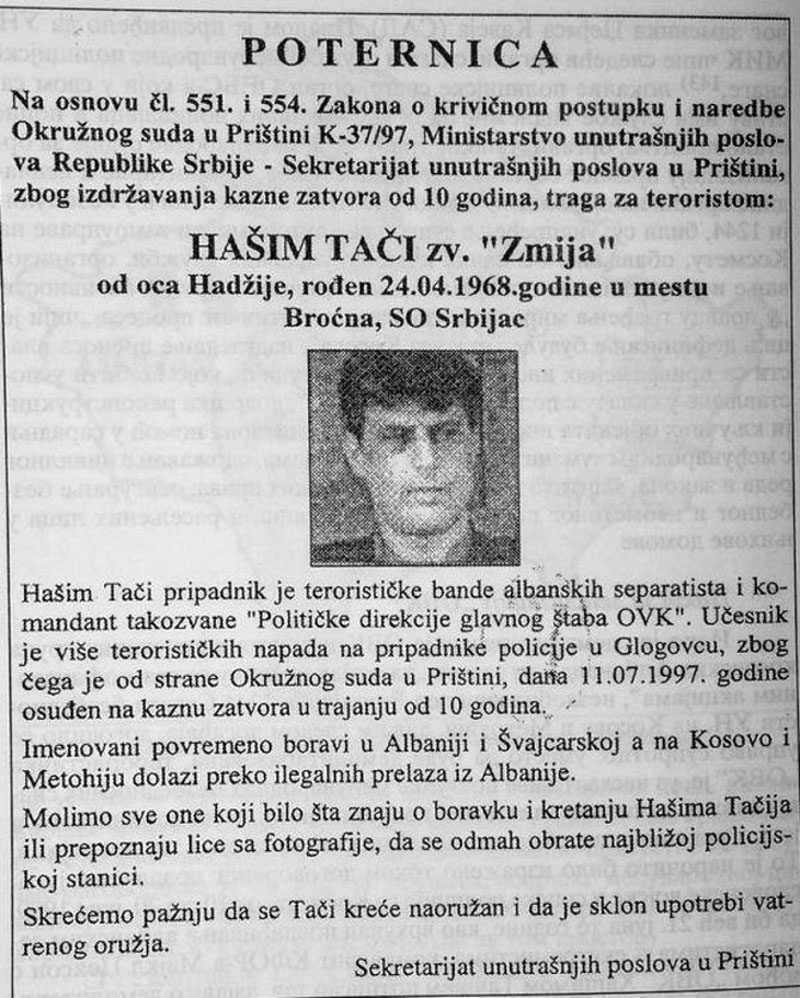 Терористу и касапина Тачија чека затвор у Београду! Терористу и касапина Тачија чека затвор у Београду!