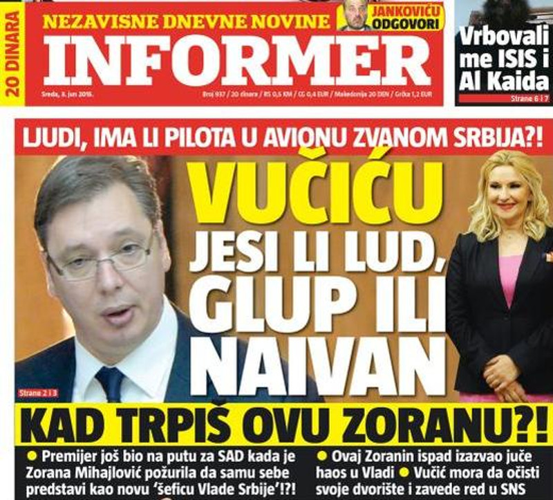Зорана Михајловић: Насловна страна данашњег "Информера" не заслужује мој коментар Зорана Михајловић: Насловна страна данашњег "Информера" не заслужује мој коментар