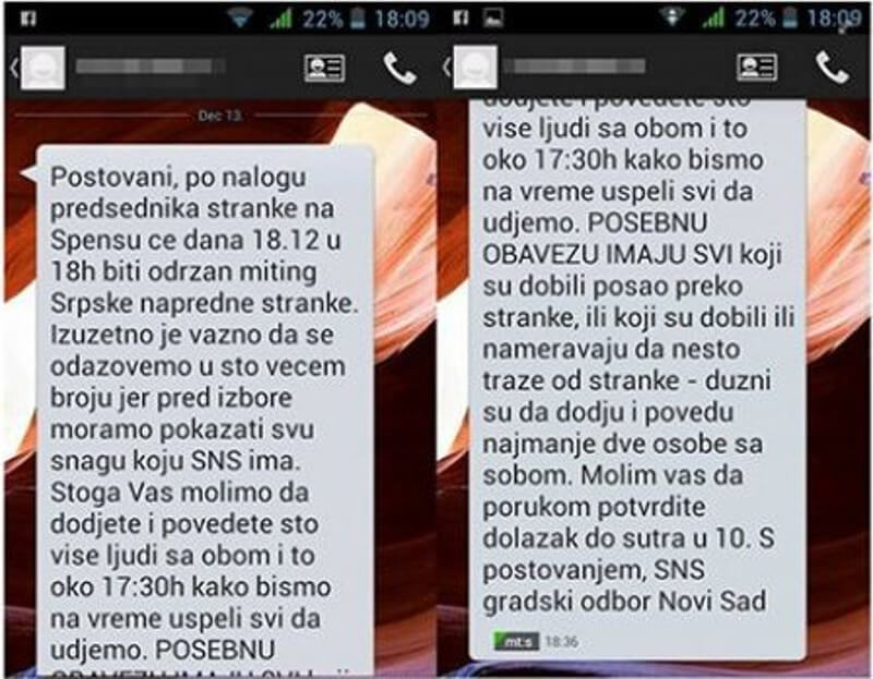 Новосадски одбор СНС послао поруке члановима: „Вечерас сви на митинг, поготово ви који сте добили посао преко странке“ Новосадски одбор СНС послао поруке члановима: „Вечерас сви на митинг, поготово ви који сте добили посао преко странке“