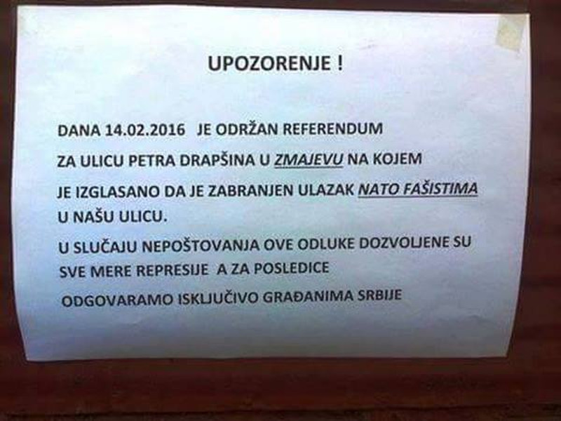 Комшије на референдуму изгласале: НАТО фашистима је забрањен улазак у улицу! Комшије на референдуму изгласале: НАТО фашистима је забрањен улазак у улицу!
