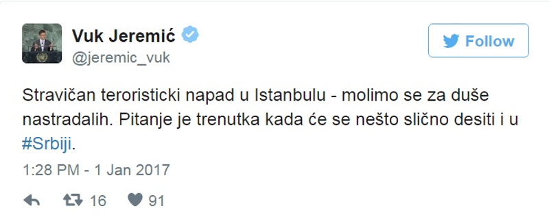 ИДИОТ! Вук Јеремић поводом терористичког напада у Истанбулу: Питање је тренутка када ће се нешто слично десити и у Србији?! ИДИОТ! Вук Јеремић поводом терористичког напада у Истанбулу: Питање је тренутка када ће се нешто слично десити и у Србији?!