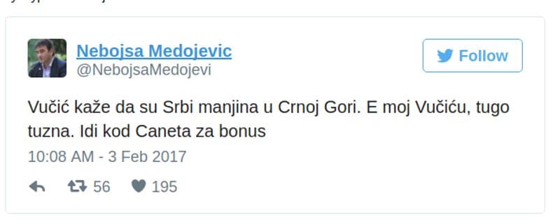 Вучић Србе у Црној Гори назвао „националном мањином“; Медојевић – Туго тужна, иди код Цанета за бонус Вучић Србе у Црној Гори назвао „националном мањином“; Медојевић – Туго тужна, иди код Цанета за бонус