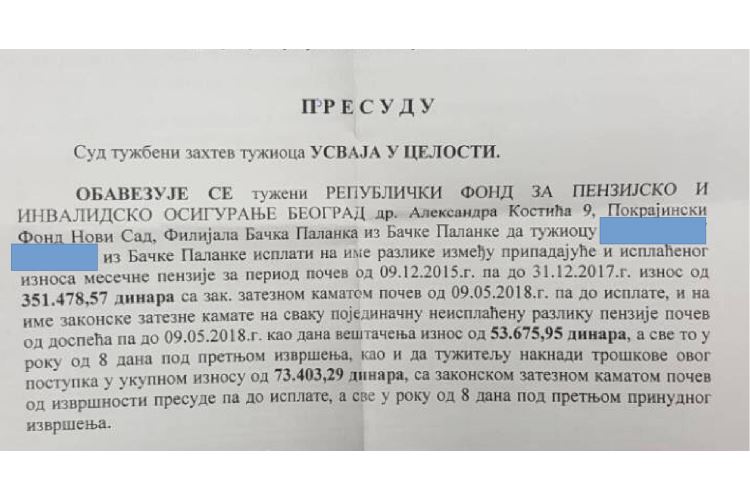УСПВЛС: Судови пресуђују враћање отетих пензија