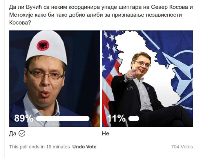89% Срба верује да Вучић са неким координира упаде шиптарских банди у српске средине на КиМ! 89% Срба верује да Вучић са неким координира упаде шиптарских банди у српске средине на КиМ!
