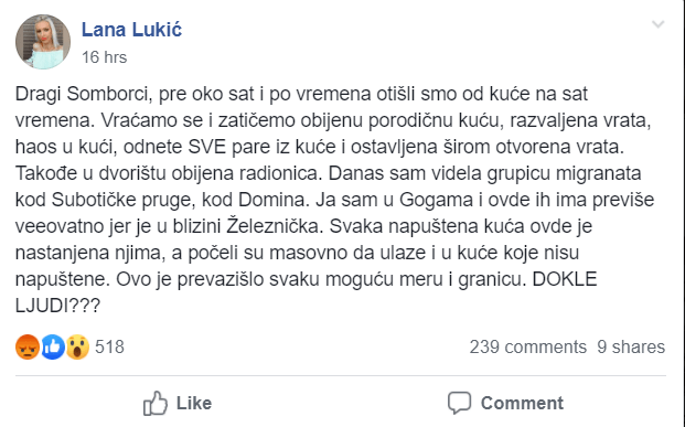 СВЕДОЧЕЊЕ ИЗ СОМБОРА: Мигранти су ми упали у породичну кућу и узели све паре! (фото)