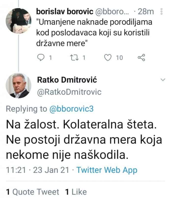 Породиљама смањили примања па их Вучићев министар Дмитровић још назива "колатералном штетом"