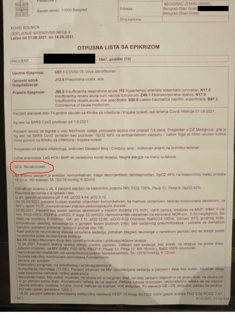 ДОКАЗ! Ревакцинисан преминуо у Батајници, у отпусној листи пише невакцинисан! (фото)