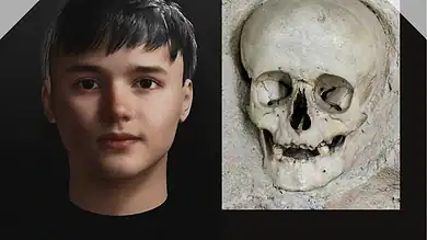 Млади дечак и археолошки налаз човечје лобање.