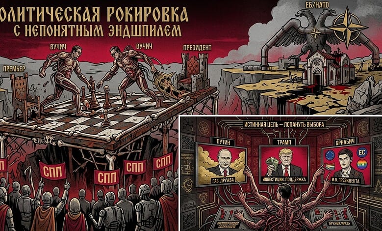 ИГОР ПШЕНИЧНИКОВ: Политички маневар са неизвесним крајњим исходом: председник Србије Вучић најавио је оставку Карикатура о политичким маневрима и изборима у Србији.