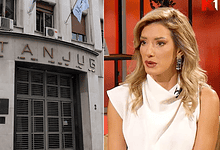 Slika spoljašnje zgrade Tanjuga i voditeljka u studiju.