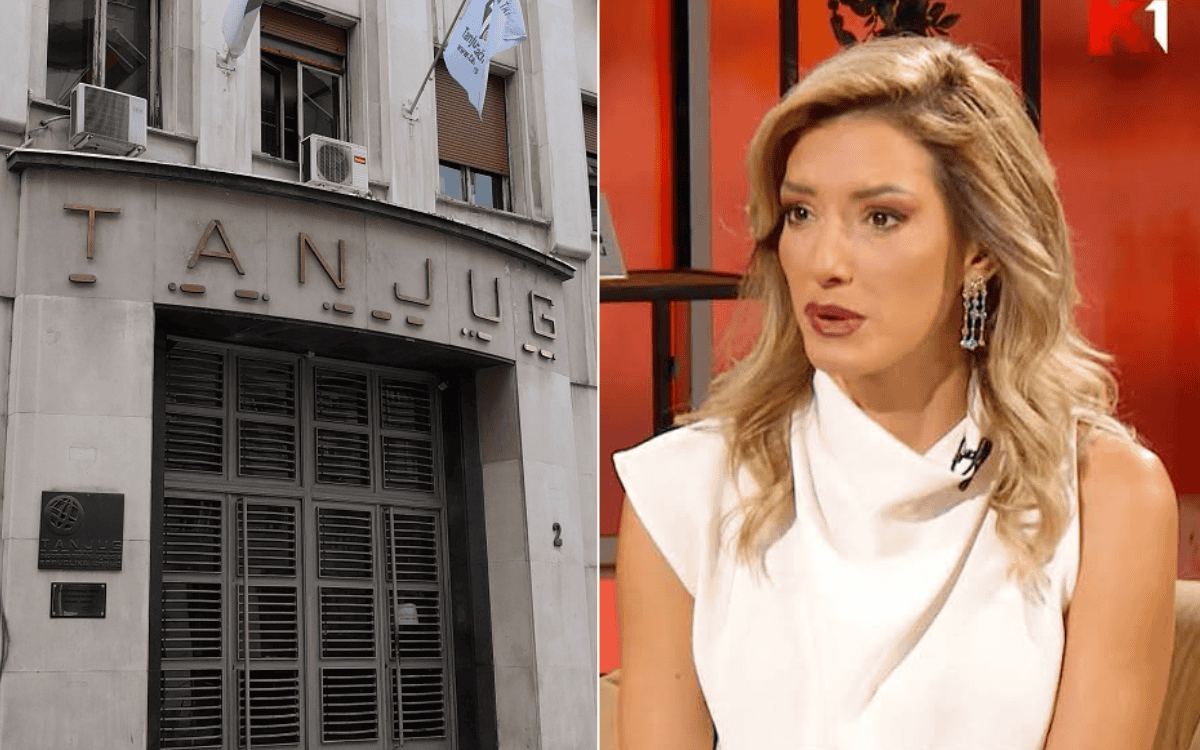 Slika spoljašnje zgrade Tanjuga i voditeljka u studiju.