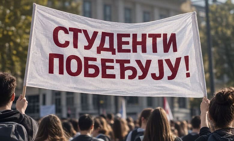 Студенти на протесту држе транспарент 'Студенти побеђују!',' у центру Београда.