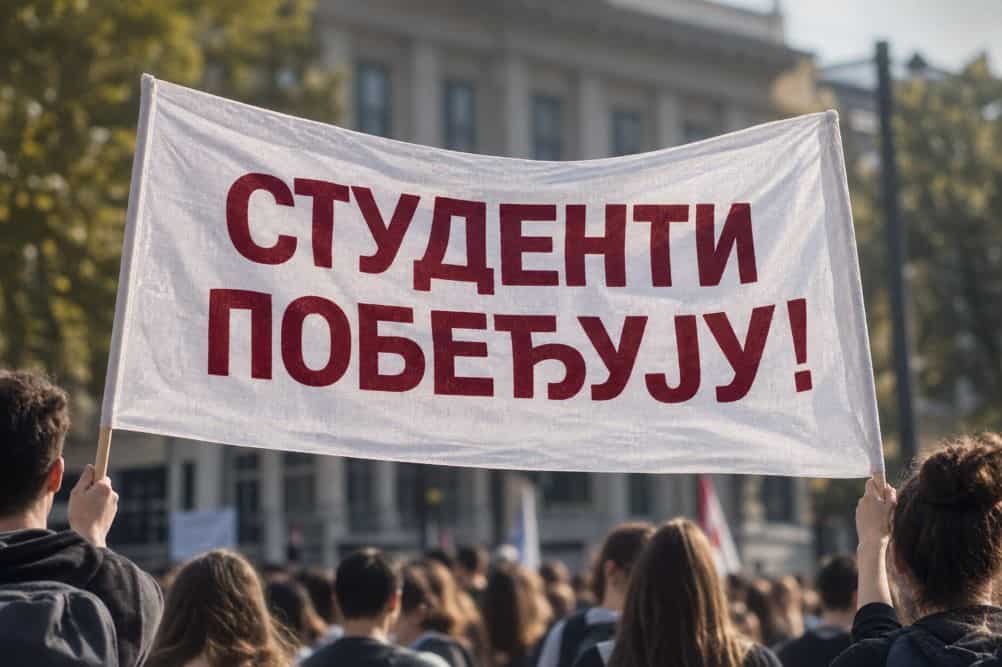 Студенти на протесту држе транспарент 'Студенти побеђују!',' у центру Београда.