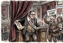 Карикатура о Вучићу, опозицији и корупцији у Србији.