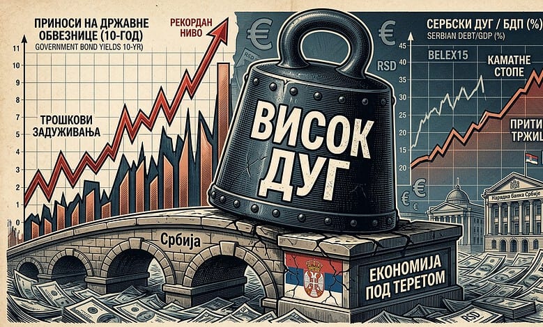 Цене задуживања премашиле деценијске рекорде Графикон високог јавног дуга Србије и каматних стопа.