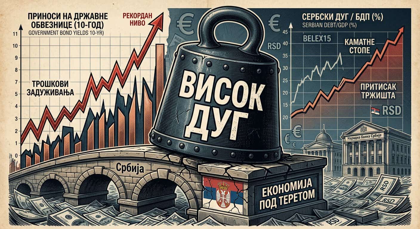 Графикон високог јавног дуга Србије и каматних стопа.