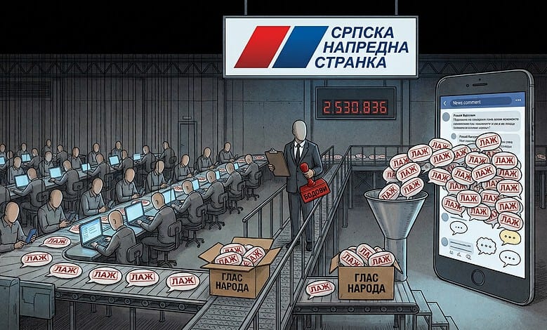 Илустрација ботовске фабрике са лажним профилима и гласањем за СНС.