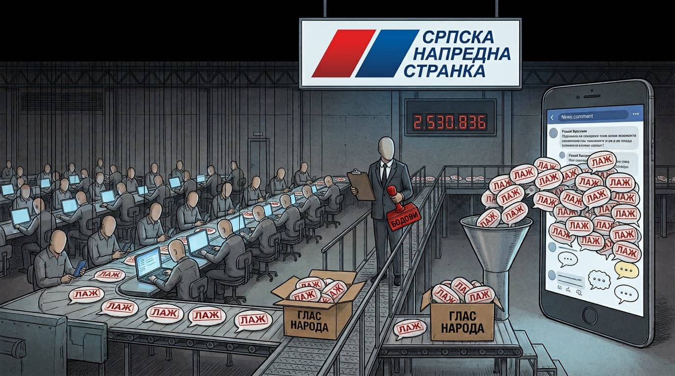 Илустрација ботовске фабрике са лажним профилима и гласањем за СНС.