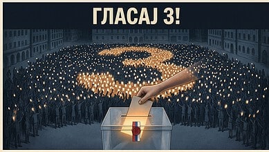 Група људи на изборном месту са гласачким листићем.