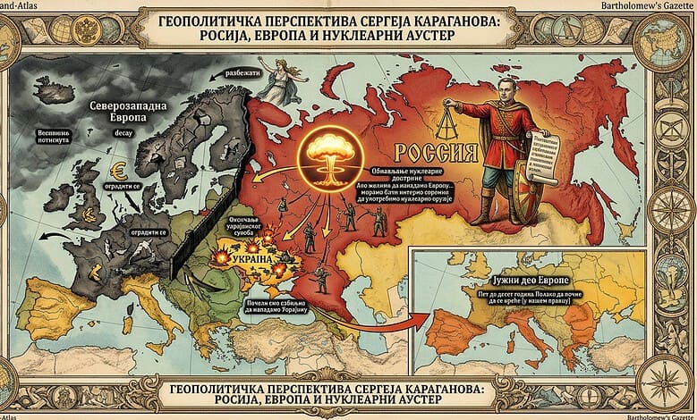 Караганов: Европу морамо гурнути у оквире санитарног кордона и на периферију глобалне политике Слика карти Еуропе и Руси с акцентом на геополитичке аспекте.
