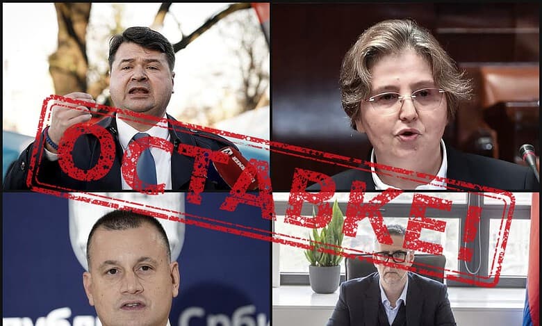 Слика са четири лица у различитим контекстима са ознакама траке забране.