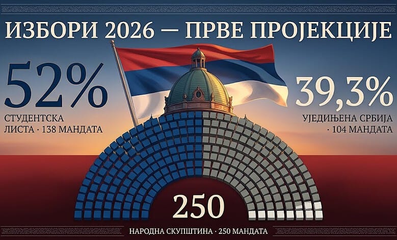 Слика првих пројекција избора у Србији са заставом и бројевима мандата.