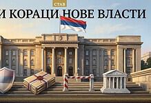 Слика која приказује симболе власти испред државне зграде са заставом.