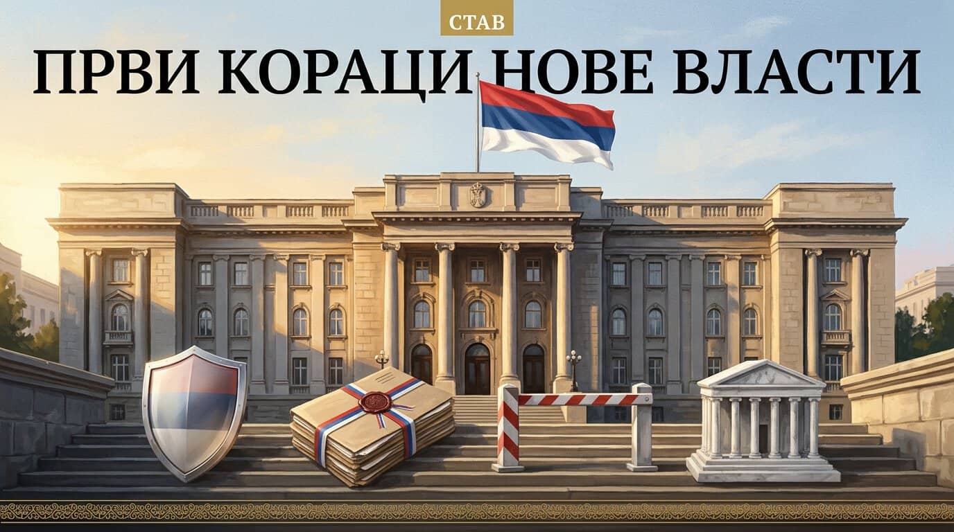 Слика која приказује симболе власти испред државне зграде са заставом.