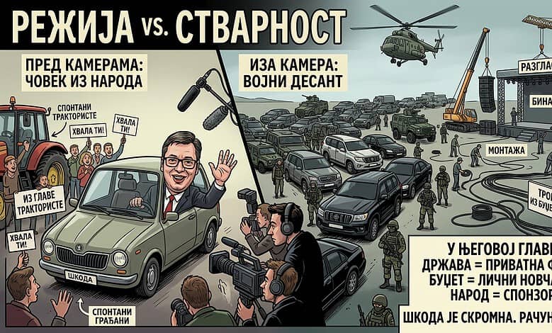 Вучић путује у скромној шкоди по Србији, уз војни десант и грађане.