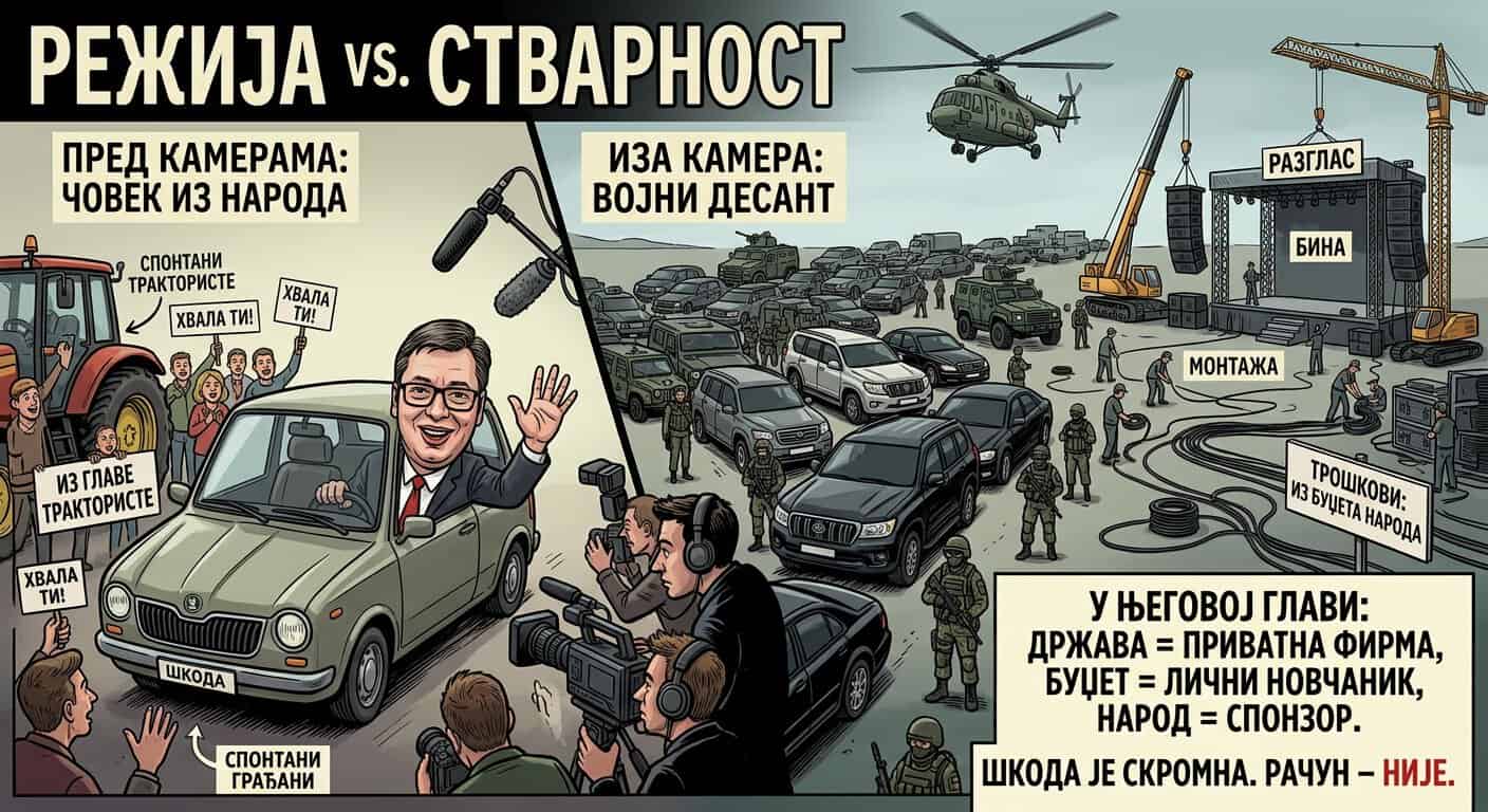 Вучић путује у скромној шкоди по Србији, уз војни десант и грађане.