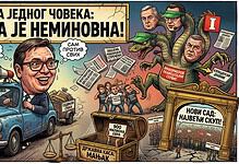 Карикатура Вучића у кампањи, са сценама из изборне кампање и монструозним противницима.