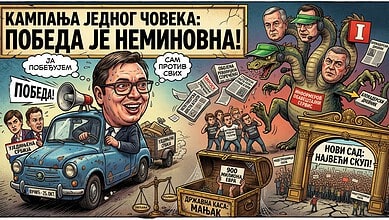 Карикатура Вучића у кампањи, са сценама из изборне кампање и монструозним противницима.