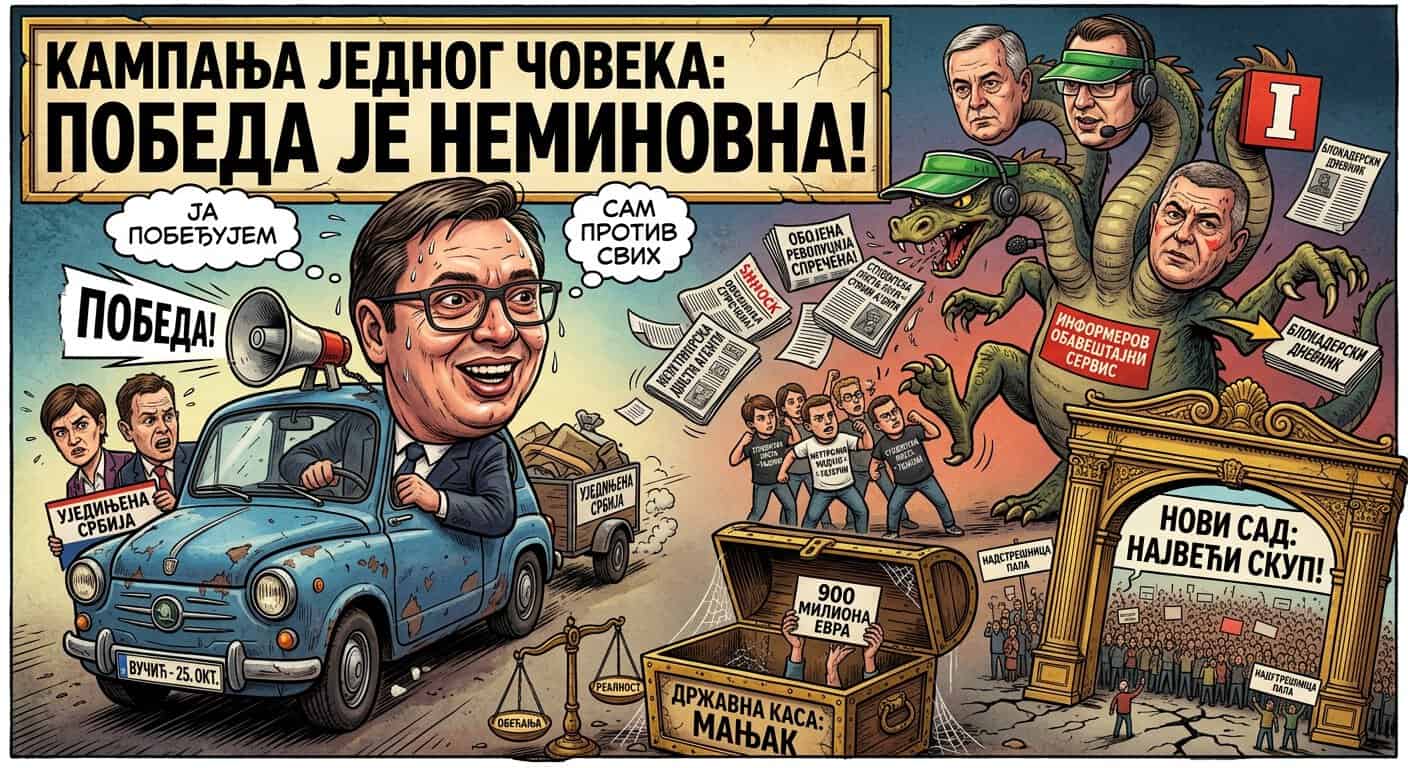 Карикатура Вучића у кампањи, са сценама из изборне кампање и монструозним противницима.
