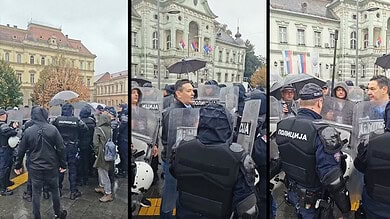 Полиција и новинари на предизборном скупу у Зрењанину.