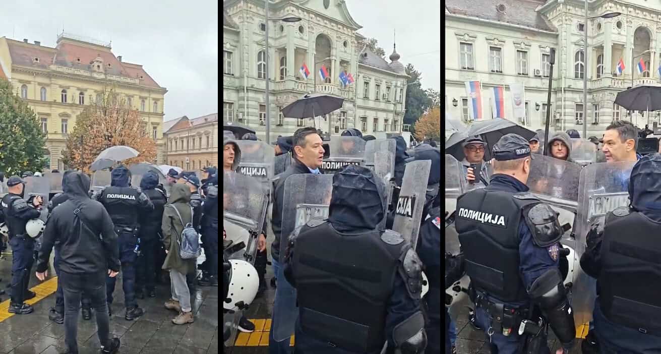 Полиција и новинари на предизборном скупу у Зрењанину.